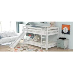 Single Bunk Bed With Convertible Slide And Ladder,White -Fatboy Sales Store 90520461 4