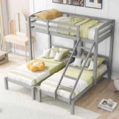 Bunk Bed Triple Sleeper With Side Ladder For Children And Teens, 90x190cm,90x200cm, Grey