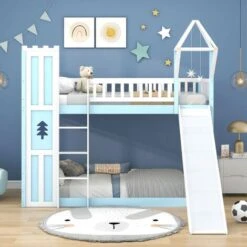 Bunk Bed With Slide, 3ft Children's Bed, House Bed, Solid Pine Wood Frame, Blue (90x190cm)
