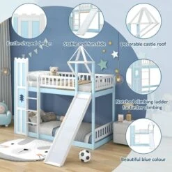 Bunk Bed With Slide, 3ft Children's Bed, House Bed, Solid Pine Wood Frame, Blue (90x190cm) -Fatboy Sales Store 93373665 4