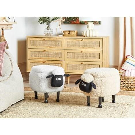 Kids Animal Stool Faux Fur Pouffe With Storage Wooden Legs Playroom White Sheep 4 Kids Animal Stool Faux Fur Pouffe With Storage Wooden Legs Playroom White Sheep - Image 2