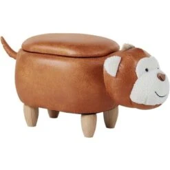 Modern Faux Leather Stool Distressed Solid Wood Animal Brown Monkey
