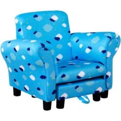 HOMCOM Cute Cloud Star Child Armchair Seat Wood Frame W/ Footrest Padding Blue