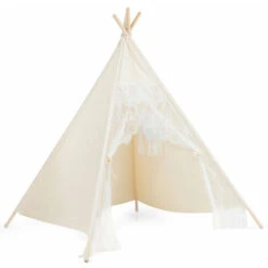 Kids Lace Teepee Tent Foldable Children Play Tent W/ 4 Wooden Poles