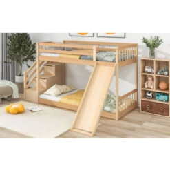 Children's Cabin Bed Frame With Slide & Ladder, Bunk Bed For Kids With Ladder And Slide (Natural, 190x90cm) -Fatboy Sales Store 98474660 4