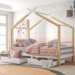 Single Bed Frame Kid House Bed With Storage Two Drawers Tree House Solid Pine Wood 90x190 Cm White And Natural,3TF