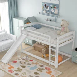 Bunk Beds Single Bunk Bed With Convertible Slide And Ladder,White