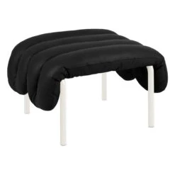 Hem Puffy Ottoman, Black Leather - Cream Steel