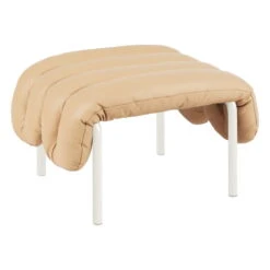 Hem Puffy Ottoman, Sand Leather - Cream Steel