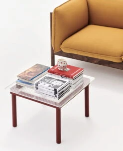 HAY Kofi Table 80 X 80 Cm, Barn Red Lacquered Oak - Reeded Glass -Fatboy Sales Store Kofi clear reeded glass barn red wb lacquer oak