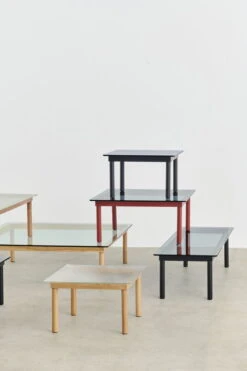 HAY Kofi Table 60 X 60 Cm, Barn Red Lacquered Oak - Grey Glass -Fatboy Sales Store Kofi clear reeded glass tabletop wb lacquer oak frame grey tinted glass tabletop barn red wb lacquer oak frame